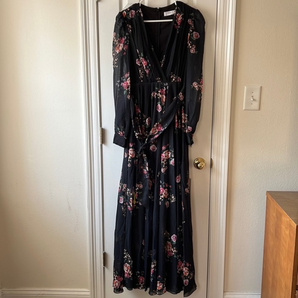 Mac Duggal Belted Floral Print Illusion Long Sleeve Maxi Gown Black Multi Size 6 - Picture 5 of 11